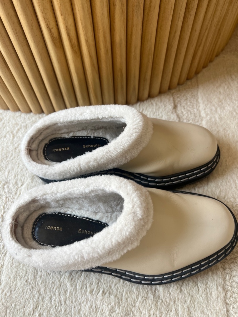 Proenza Schouler Cream Leather Shearling-Trim Mules